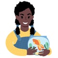 african girl with a pet goldfish. Flat style Illustration Royalty Free Stock Photo
