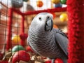 an african grey parrot with colorful toys generate by AI