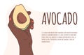 African Hand holds a avocado on an isolated background vector banner. Proper nutrition, vegan. Eco-product. Avocado in hand