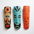 African, Hawaiian or Aztec ethnic tribal ritual masks shaped after human face or animal\'s muzzle.