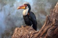 african hornbill perched on tree trunk in savannah