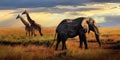 African huge elephants and giraffes in the Serengeti National Park. Tanzania. African safari