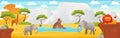 African landscape with cute cartoon animals - elephant, hippo sitting in water and lion, web banner with savannah Royalty Free Stock Photo