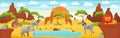 African landscape with cute cartoon animals - elephant, zebra and lion, web banner with savannah scene, african desert