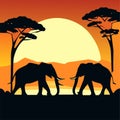 African landscape with elephants silhouettes on sunset background. Vector illustration. AI generated