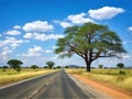 Ai Generated illustration Wildlife Concept of African landscape with empty road and trees in Zimbabwe