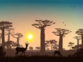 African landscape. Grass, trees, birds, animals silhouettes. Abstract nature background Royalty Free Stock Photo