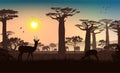 African landscape. Grass, trees, birds, animals silhouettes. Abstract nature background. Royalty Free Stock Photo