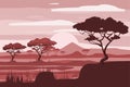 African landscape, lion, savannah, sunset, vector, illustration, cartoon style, isolated Royalty Free Stock Photo