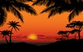 African landscape with palm silhouette. Savanna sunset background. Royalty Free Stock Photo