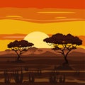 African landscape, sunset, savannah, nature, trees, wilderness, cartoon style, vector illustration Royalty Free Stock Photo