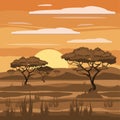 African landscape, sunset, savannah, nature, trees, wilderness, cartoon style, vector illustration Royalty Free Stock Photo