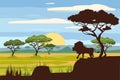 African landscape, lion, savannah, sunset, vector, illustration, cartoon style, isolated Royalty Free Stock Photo