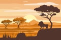 African landscape, lion, savannah, sunset, vector, illustration, cartoon style, isolated Royalty Free Stock Photo