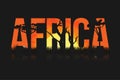 African landscape with trees and sun. Lettering Africa with savanna, prairies, sunset inside
