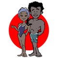 African, latino or indian swimmer couple cartoon Royalty Free Stock Photo
