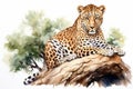 African Leopard sitting in tree looking out. Watercolor style painting digital art