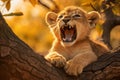 African Lion Cub's Adorable Yawning and Stretching Moment. Generative By Ai