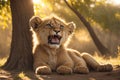 african lion cub yawning and stretching under the tree. ai generative Royalty Free Stock Photo