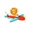 African lion with furry mane flying on little airplane. Cartoon character of funny aircraft pilot. Flat vector for kids Royalty Free Stock Photo