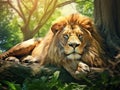 Ai Generated illustration Wildlife Concept of African Lion Laying in Forest Royalty Free Stock Photo