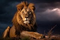 African lion majestically sitting in the vast savannah under a dramatic Lightning storm in the sky. Generative AI