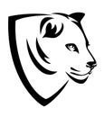 African lioness head and simple heraldic shield black and white vector design