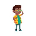 african little boy deciding buy ice cream or chips in market cartoon vector