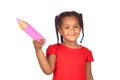 African little girl with a big pink pencil Royalty Free Stock Photo