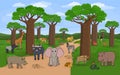 African Madagascar baobab avenue with animal from all over the world. Vector outline Doodle cartoon hand drawn landscape with