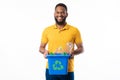 African Male Holding Box With Recycle Symbol On White Background