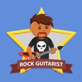 African male rock guitarist with emblem