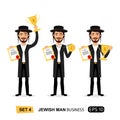 Jewish business man winner success excited smiling male raising trophy prize, medal and certificate concept cartoon