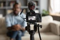 African man recording new vlog, closeup view digital camera screen