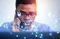 African man calling on the phone, cybersecurity hologram and protection Royalty Free Stock Photo