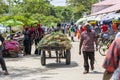African man carrying a cart of tropical fruits at a local street food market on the island of Zanzibar, Tanzania, east Africa Royalty Free Stock Photo