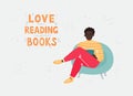 An african man with a dark hair in a bright clothing sitting in a blue chair and reading a book. Vector cartoon flat