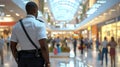African man security guard in uniform observing busy shopping mall environment Royalty Free Stock Photo