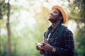 African man traveller holding film camera Royalty Free Stock Photo