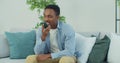 African man user speak to virtual digital voice recognition assistant make request. Record message, talk on speakerphone