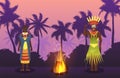 African man and woman in traditional tribal ethnic cloths in night Africa before fire vector illustration. African man