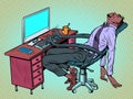 african manager sleeps at the workplace in the office. A robotic work chair works for a person