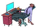 african manager sleeps at the workplace in the office. A robotic work chair works for a person