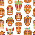 African mask background. Wood tiki hawaiian masks seamless pattern. Ethnic tribal traditional totem faces, decorative