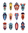 African mask. Colorful ethnic tribal ritual masks of different shapes, ceremonial hawaiian, aztec tiki totem indigenous