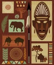 African mask, patterns african animals silhouettes on red and brown background.