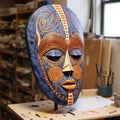 African Mask Sculpture: Vibrant Colors And Meticulous Linework On Linen