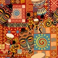African Masks, Musician and dancer, Bongos, Tribal Decorative Elements Vector Seamless Repeat Textile Pattern Design Royalty Free Stock Photo