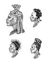 African national male hairstyles. Profile of a man with curly hair. Different Afro Dreadlocks. Ancient faces of people