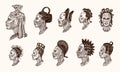 African national male hairstyles. Profile of a man with curly hair. Different Afro Dreadlocks. Ancient faces of people